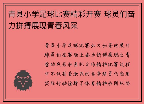 青县小学足球比赛精彩开赛 球员们奋力拼搏展现青春风采