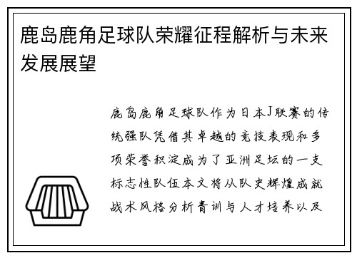 鹿岛鹿角足球队荣耀征程解析与未来发展展望