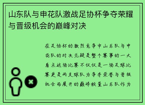 山东队与申花队激战足协杯争夺荣耀与晋级机会的巅峰对决