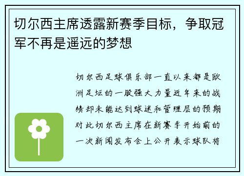 切尔西主席透露新赛季目标，争取冠军不再是遥远的梦想