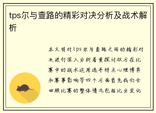 tps尔与查路的精彩对决分析及战术解析